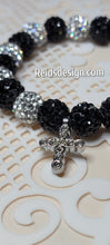 Load image into Gallery viewer, Black &amp; Silver Rhinestone Crystal 10mm Beaded Bracelet with rhinestone cross ( size 7.5&quot;)