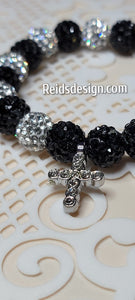 Black & Silver Rhinestone Crystal 10mm Beaded Bracelet with rhinestone cross ( size 7.5")