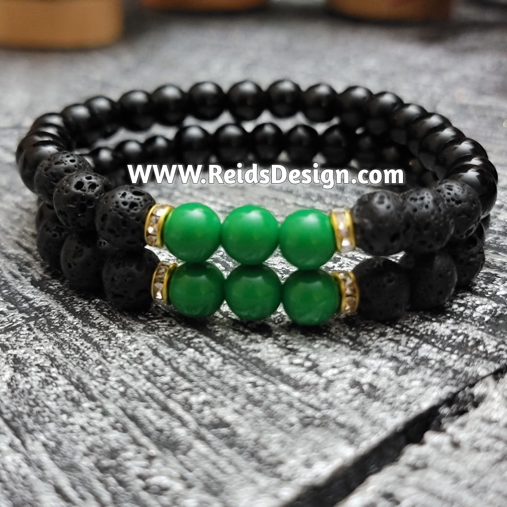Bracelets Design with black, green  glass and lava beads... size 8.5