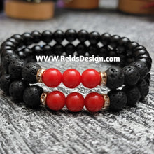 Load image into Gallery viewer, Bracelets Designed with black, red glass and lava beads... size 8.5&quot;