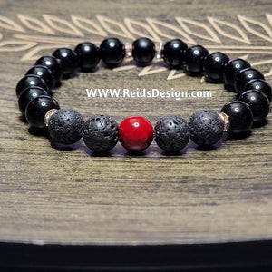 New "❤️"  10mm Black Glass and Lava Bead Bracelet with Red Riverstone Beads ( size 8.5")