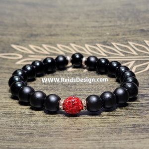 New "❤️"  10mm Black Glass Bead Bracelet with Red Crystal Beads ( size 8.5")