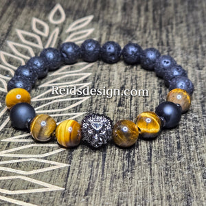 10mm Lion Bracelet Designed with Lava, Tiger eye and Onyx Beads..( size 8.5" )