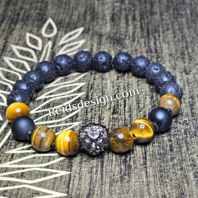 10mm Lion Bracelet Designed with Lava, Tiger eye and Onyx Beads..( size 8.5