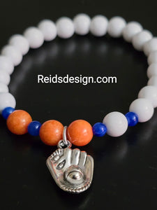 New Orange Blue Montain Jade and White Glass Baseball / Glove  Breaded Bracelet (Size 7.5") Sport