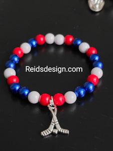 New Red White and Blue Hockey Charm Glass Breaded Bracelet (Size 7.5") Sport