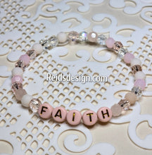 Load image into Gallery viewer, &quot;FAITH&quot; 6mm mixed pink, clear and white Beaded Bracelet.     ( size 7.5&quot; )