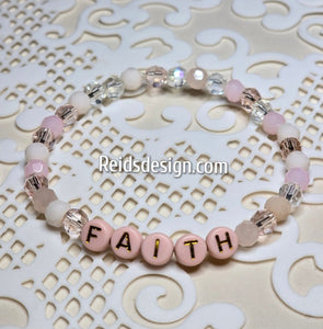 "FAITH" 6mm mixed pink, clear and white Beaded Bracelet.     ( size 7.5" )