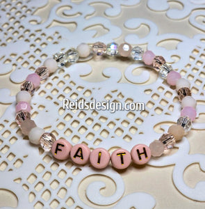 "FAITH" 6mm mixed pink, clear and white Beaded Bracelet.     ( size 7.5" )