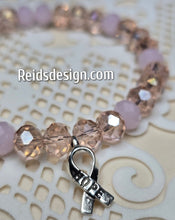 Load image into Gallery viewer, Pink Breast Cancer Awareness Bracelet with Glass Beads and Hope Ribbon... size 7.5&quot;