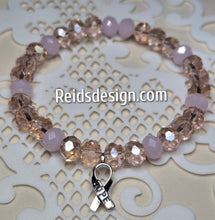 Load image into Gallery viewer, Pink Breast Cancer Awareness Bracelet with Glass Beads and Hope Ribbon... size 7.5&quot;