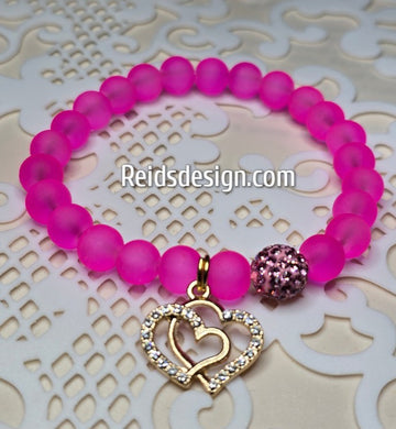 Bright Pink Frosted 8mm Glass Beaded Bracelet with a ❤️ Heart ( size 7.5