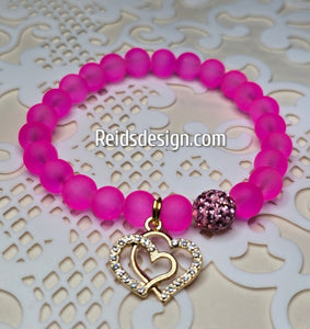 Bright Pink Frosted 8mm Glass Beaded Bracelet with a ❤️ Heart ( size 7.5")