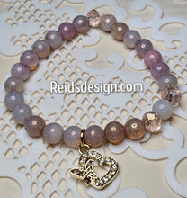 Load image into Gallery viewer, Milky Topaz Pink Czech Glass Rinestone Heart with Butterfly 8 mm Beaded Bracelet.  Size 7.5