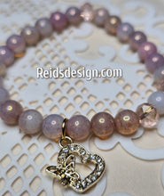 Load image into Gallery viewer, Milky Topaz Pink Czech Glass Rinestone Heart with Butterfly 8 mm Beaded Bracelet.  Size 7.5