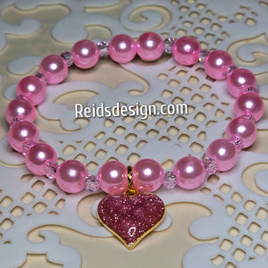 Pink 8mm Glass Pearls Bracelet with Pink Heart... size 7.5"