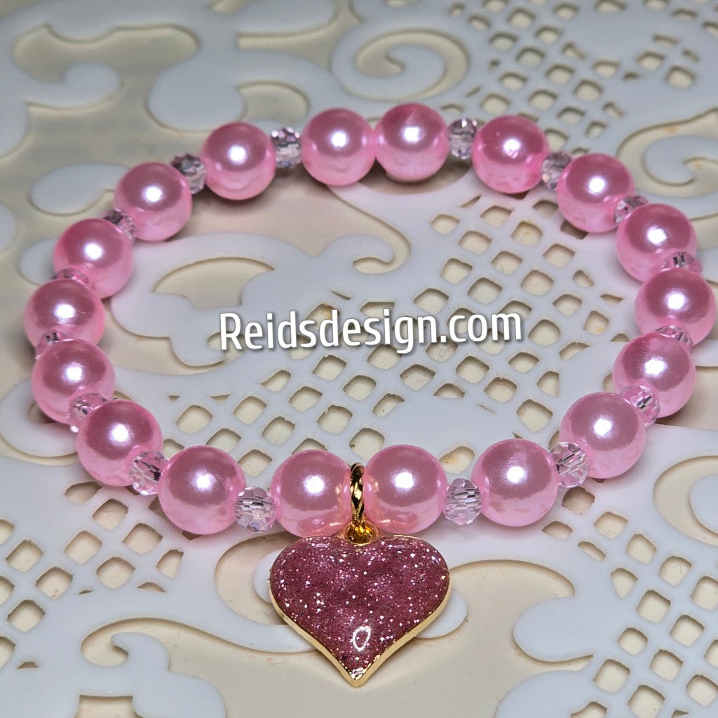 Pink 8mm Glass Pearls Bracelet with Pink Heart... size 7.5