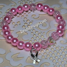 Load image into Gallery viewer, Pink Breast Cancer Awareness Bracelet with Glass Pearls and Hope Ribbon... size 7.5&quot;