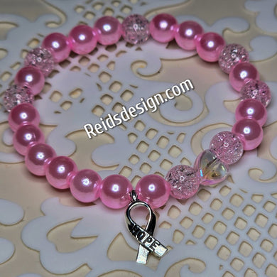 Pink Breast Cancer Awareness Bracelet with Glass Pearls and Hope Ribbon... size 7.5