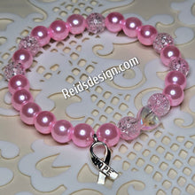 Load image into Gallery viewer, Pink Breast Cancer Awareness Bracelet with Glass Pearls and Hope Ribbon... size 7.5&quot;