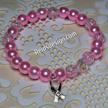 Load image into Gallery viewer, Pink Breast Cancer Awareness Bracelet with Glass Pearls and Hope Ribbon... size 7.5&quot;