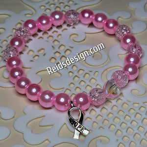 Pink Breast Cancer Awareness Bracelet with Glass Pearls and Hope Ribbon... size 7.5"