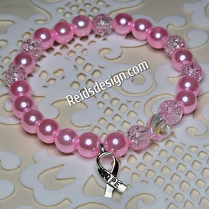 Pink Breast Cancer Awareness Bracelet with Glass Pearls and Hope Ribbon... size 7.5"