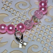 Load image into Gallery viewer, Pink Breast Cancer Awareness Bracelet with Glass Pearls and Hope Ribbon... size 7.5&quot;