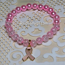 Load image into Gallery viewer, Pink Breast Cancer Awareness Bracelet with 8mm Glass Pearls... size 7.5&quot;