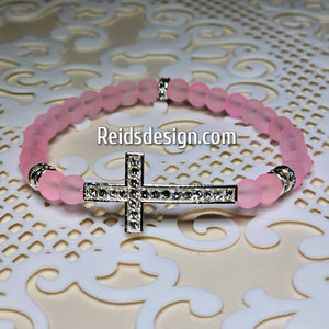 "IRIS"  Cross Bracelets with 6mm Pink Frosted Glass Beads ( size 7.5")