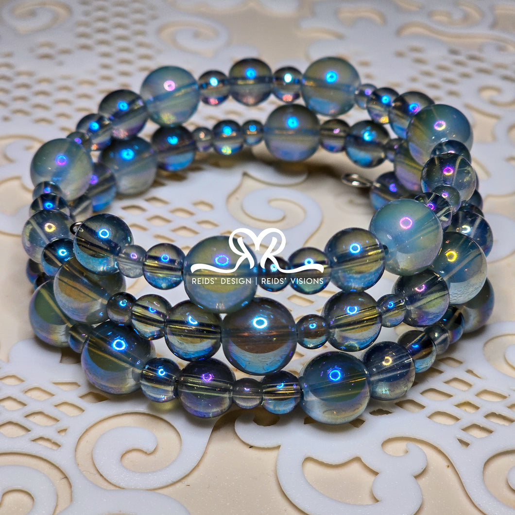 Blue Irridescent Glass Bead Wrap Bracelet