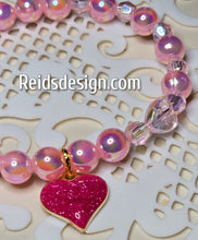 Load image into Gallery viewer, Glass Pearls and Acrylic Breaded  Bracelet with a Pink Heart ..... size 7.5&quot;