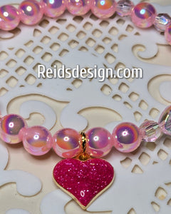 Glass Pearls and Acrylic Breaded  Bracelet with a Pink Heart ..... size 7.5"