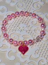 Load image into Gallery viewer, Glass Pearls and Acrylic Breaded  Bracelet with a Pink Heart ..... size 7.5&quot;