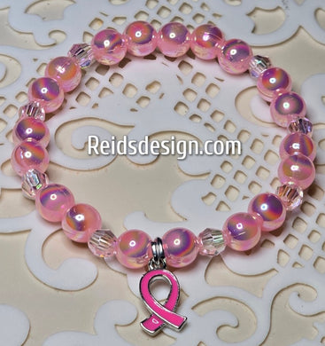 Glass Pearls and Acrylic Breast Cancer Awareness Bracelet with ribbon 🎀..... size 7.5