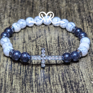 Howlite  & Hematite Cross Bracelet  ( size 8.5" )