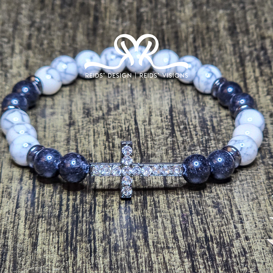 Howlite  & Hematite Cross Bracelet  ( size 8.5