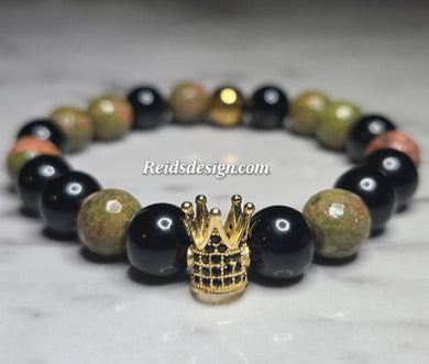 10mm Faceted Unakite and Agate Crown Bracelet (size 8.0