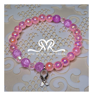 Breast Cancer Awareness Glass Pearls and Acrylic Breaded Bracelet with a hoor ribbon size 7.5