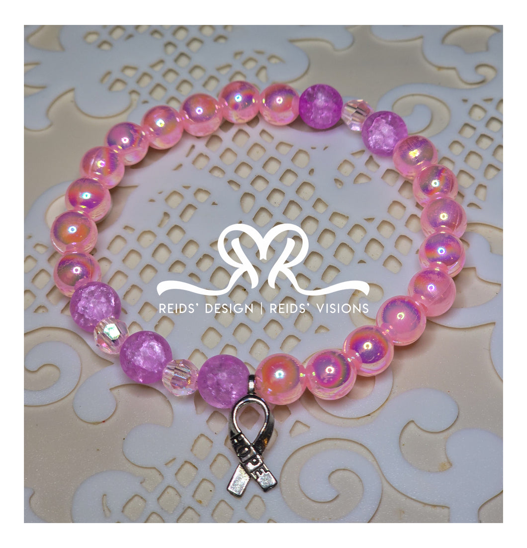 Breast Cancer Awareness Glass Pearls and Acrylic Breaded Bracelet with a hoor ribbon size 7.5