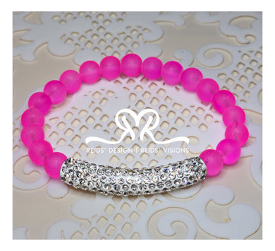 8mm Pink Frosted Glass Beaded Bracelet with Rinestone Bar ( size 7.5