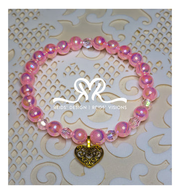 Glass Pearls and Acrylic Breaded Bracelet with a Pink Heart ..... size 7.5