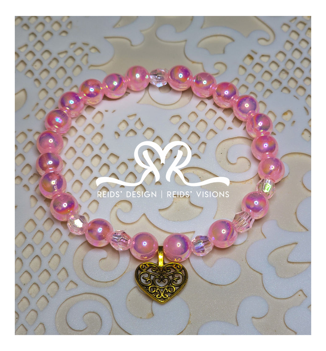 Glass Pearls and Acrylic Breaded Bracelet with a Pink Heart ..... size 7.5
