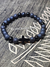 Load image into Gallery viewer, New Onyx, Matte Onyx and Lava Beads with Agate Cross 8mm beads, 8.5 inch Bracelet
