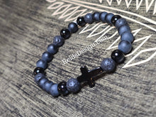 Load image into Gallery viewer, New Onyx, Matte Onyx and Lava Beads with Agate Cross 8mm beads, 8.5 inch Bracelet