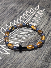 Load image into Gallery viewer, New Tigereye Rice 8mm x 12mm, Lava 6mm with Agate Black Cross. 8.5 inch Bracelet