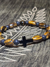 Load image into Gallery viewer, New Tigereye Rice 8mm x 12mm, Lava 6mm with Agate Black Cross. 8.5 inch Bracelet