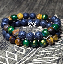 Load image into Gallery viewer, New 10mm Tiger Eye,  Lava,  and Mountain Jade set ... sized 8.5"