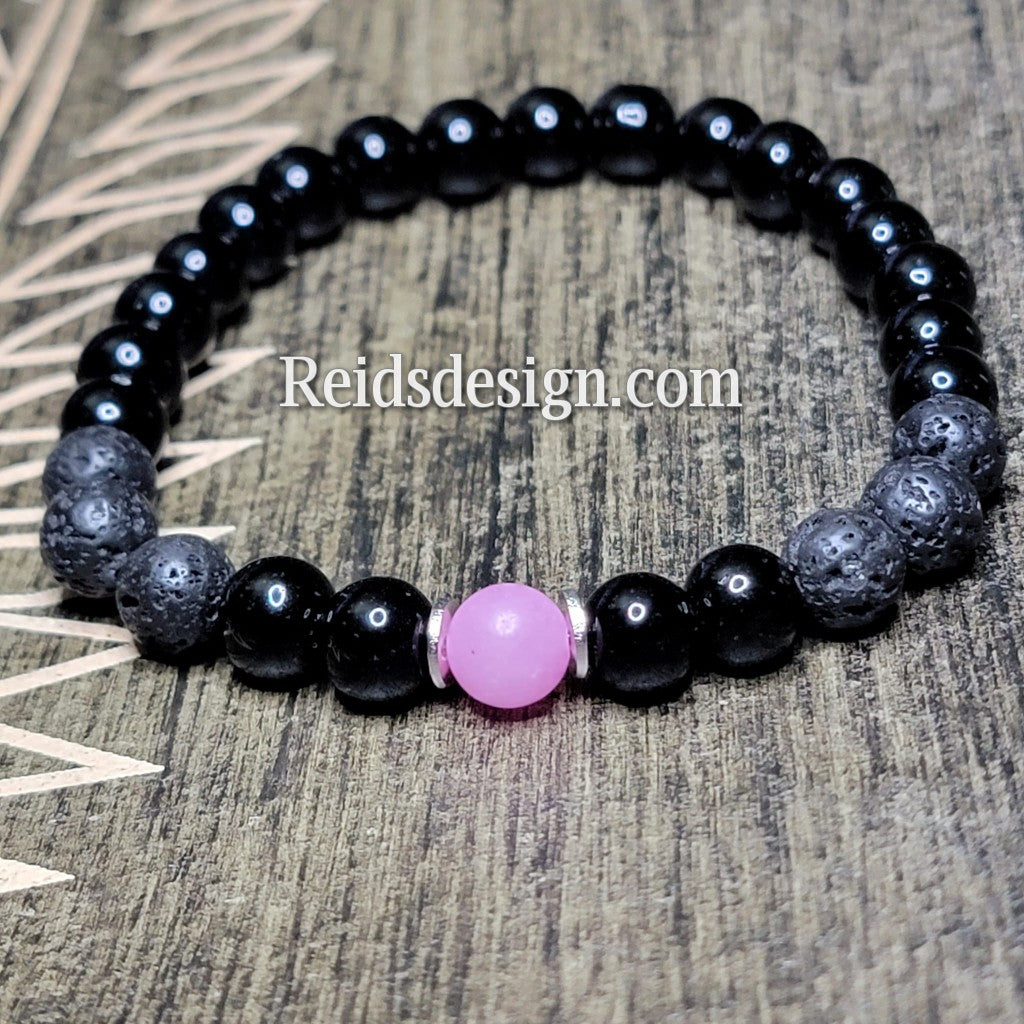 Unisex Breast Cancer Awareness Lava, Glass and Pink Gem Stone Bracelet size 8