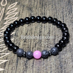 Unisex Breast Cancer Awareness Lava, Glass, Hemitie and Pink Gem Stone Bracelet size 8"